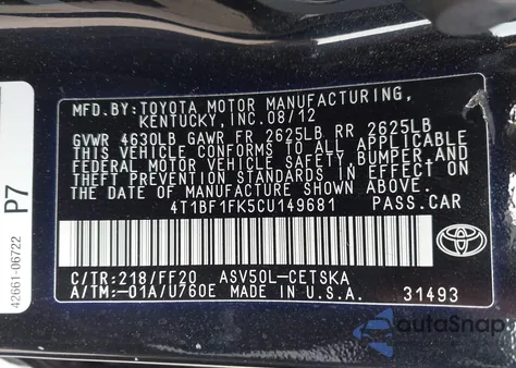 2012 Toyota Camry Se из США, поврежденный, VIN 4T1BF1FK5CU149681